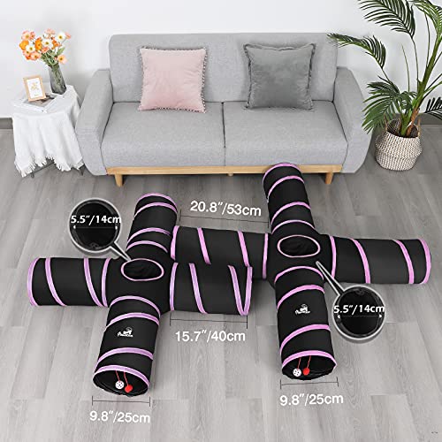 Pawaboo Túnel para Gatitos, 25 * 53 CM Prima 4 Vías Túneles Extensible Plegable Gato Jugar Túnel Casa del Laberinto del Juguete con Pompón y Campanas para Gato Gatito Cachorro Conejo - Negro y Rosa