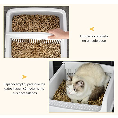 PawHut Bandeja Higiénica para Gatos Arenero Abierto Semiautomático con Botón Pala Bandeja Extraíble y Bordes Altos 62x46,5x19,5 cm Blanco