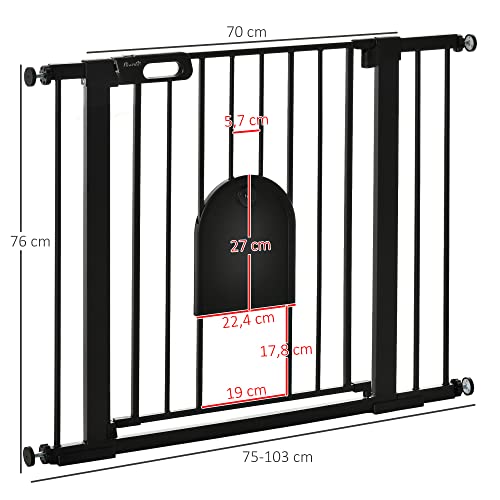 Pawhut Barrera de Seguridad de Perros Mascotas para Escaleras y Puertas 75-103 cm con 2 Extensiones Cierre Automático y Sistema de Doble Bloqueo Acero Negro