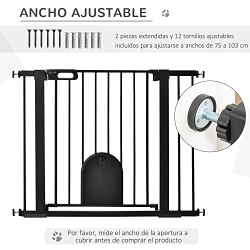 Pawhut Barrera de Seguridad de Perros Mascotas para Escaleras y Puertas 75-103 cm con 2 Extensiones Cierre Automático y Sistema de Doble Bloqueo Acero Negro