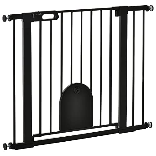 Pawhut Barrera de Seguridad de Perros Mascotas para Escaleras y Puertas 75-103 cm con 2 Extensiones Cierre Automático y Sistema de Doble Bloqueo Acero Negro