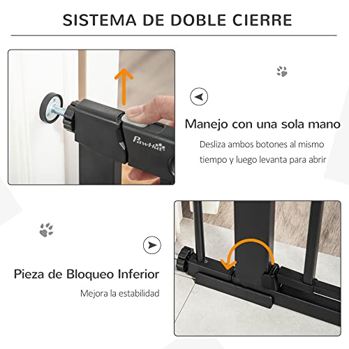 Pawhut Barrera de Seguridad de Perros Mascotas para Escaleras y Puertas 75-103 cm con 2 Extensiones Cierre Automático y Sistema de Doble Bloqueo Acero Negro