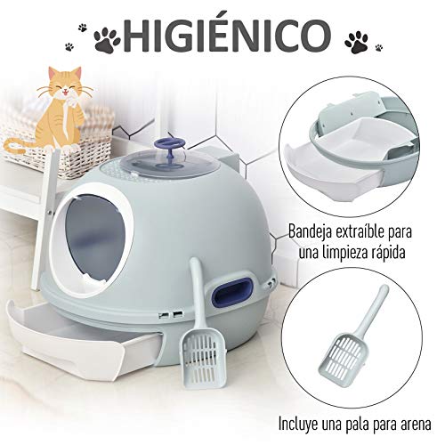 Pawhut Caja de Arena para Gatos Ligero Arenero Portátil Espacio Amplio con Claraboya Cajón Basurero Pala Asa ABS 47x55x44 cm Azul