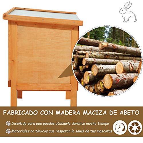 Pawhut Casa para Conejos Exterior Conejera Grande de Patas Elevadas con Bandeja Extraíble Fácil de Limpiar Estable Buena Ventilación 90x45x65cm Color Madera