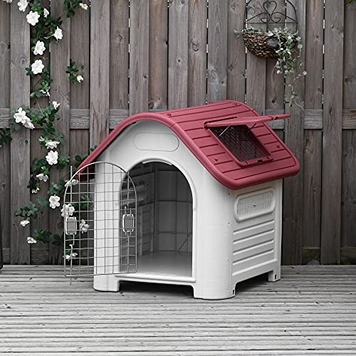 Pawhut Caseta para Perro con Puerta Extraíble Base Elevada 3 Respiraderos y Ventana Abrible Caseta de Perros para Interior y Exterior 72x87x75 cm Gris Rojo