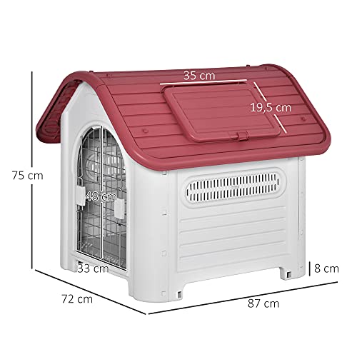 Pawhut Caseta para Perro con Puerta Extraíble Base Elevada 3 Respiraderos y Ventana Abrible Caseta de Perros para Interior y Exterior 72x87x75 cm Gris Rojo