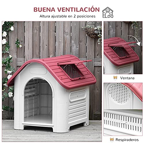 Pawhut Caseta para Perro con Puerta Extraíble Base Elevada 3 Respiraderos y Ventana Abrible Caseta de Perros para Interior y Exterior 72x87x75 cm Gris Rojo