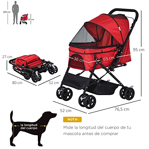 Pawhut Cochecito para Mascotas Plegable Carrito para Perros Gatos con Toldo Ajustable Cesta de Almacenaje Correas de Seguridad y Frenos Tela Oxford 600D Acero 76,5x52x95 cm Rojo