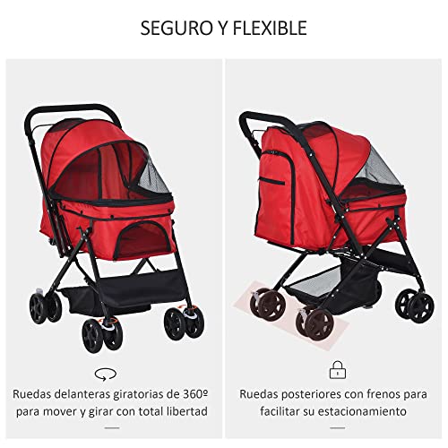 Pawhut Cochecito para Mascotas Plegable Carrito para Perros Gatos con Toldo Ajustable Cesta de Almacenaje Correas de Seguridad y Frenos Tela Oxford 600D Acero 76,5x52x95 cm Rojo