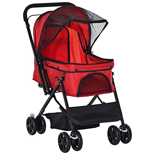 Pawhut Cochecito para Mascotas Plegable Carrito para Perros Gatos con Toldo Ajustable Cesta de Almacenaje Correas de Seguridad y Frenos Tela Oxford 600D Acero 76,5x52x95 cm Rojo