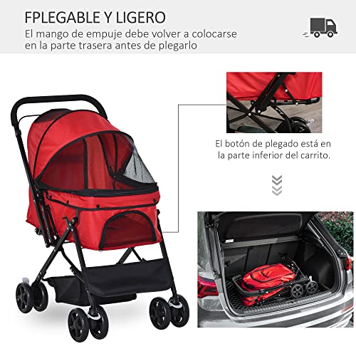 Pawhut Cochecito para Mascotas Plegable Carrito para Perros Gatos con Toldo Ajustable Cesta de Almacenaje Correas de Seguridad y Frenos Tela Oxford 600D Acero 76,5x52x95 cm Rojo