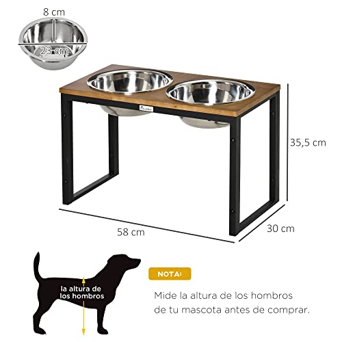 PawHut Comedero para Perros Elevado con 2 Cuencos de Acero Inoxidable Desmontables Alimentador de Agua Comida para Mascotas Grandes Medianos 58x30x35,5 cm Negro y Roble