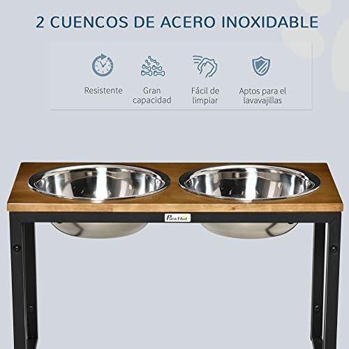 PawHut Comedero para Perros Elevado con 2 Cuencos de Acero Inoxidable Desmontables Alimentador de Agua Comida para Mascotas Grandes Medianos 58x30x35,5 cm Negro y Roble