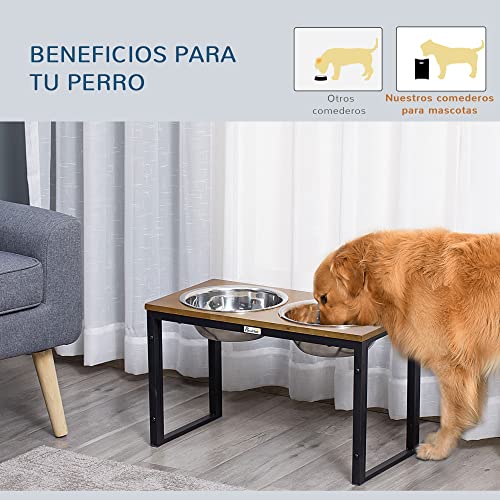 PawHut Comedero para Perros Elevado con 2 Cuencos de Acero Inoxidable Desmontables Alimentador de Agua Comida para Mascotas Grandes Medianos 58x30x35,5 cm Negro y Roble