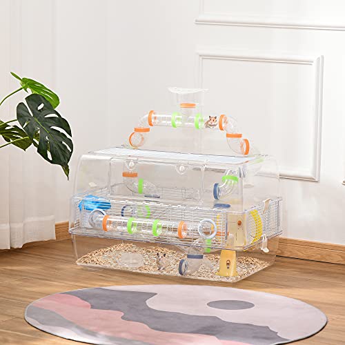 Pawhut Jaula para Hámster Chalé para Roedores Pequeños de 3 Pisos con Escaleras Comedero Bebedero Rueda Tubos y Accesorios Incluidos 70x45x44 cm Transparente