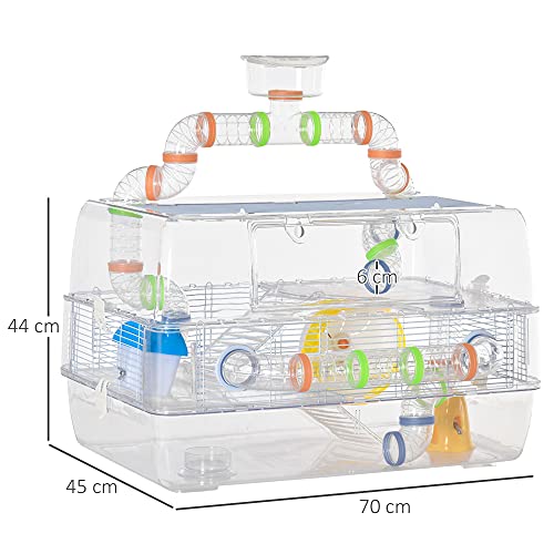 Pawhut Jaula para Hámster Chalé para Roedores Pequeños de 3 Pisos con Escaleras Comedero Bebedero Rueda Tubos y Accesorios Incluidos 70x45x44 cm Transparente