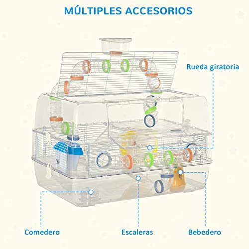 Pawhut Jaula para Hámster Chalé para Roedores Pequeños de 3 Pisos con Escaleras Comedero Bebedero Rueda Tubos y Accesorios Incluidos 70x45x44 cm Transparente