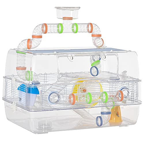 Pawhut Jaula para Hámster Chalé para Roedores Pequeños de 3 Pisos con Escaleras Comedero Bebedero Rueda Tubos y Accesorios Incluidos 70x45x44 cm Transparente