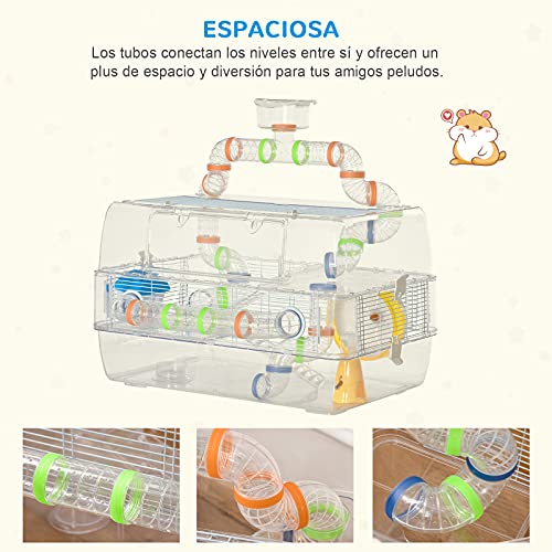 Pawhut Jaula para Hámster Chalé para Roedores Pequeños de 3 Pisos con Escaleras Comedero Bebedero Rueda Tubos y Accesorios Incluidos 70x45x44 cm Transparente