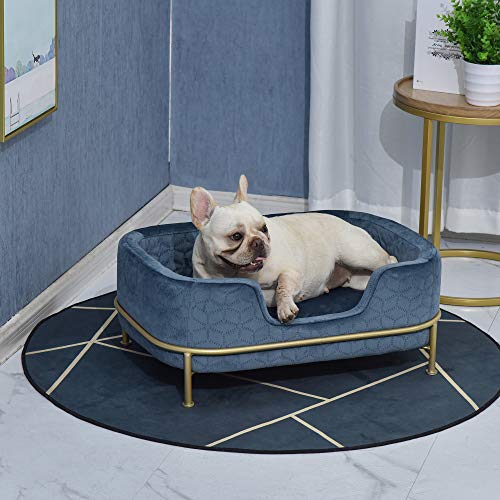 PawHut Sofá para Mascotas Tapizado en Terciopelo Cama para Perros y Gatos Pequeños con Cojín Suave Lavable Base de Metal y Bordes Elevados 63,5x43x24,5 cm Azul