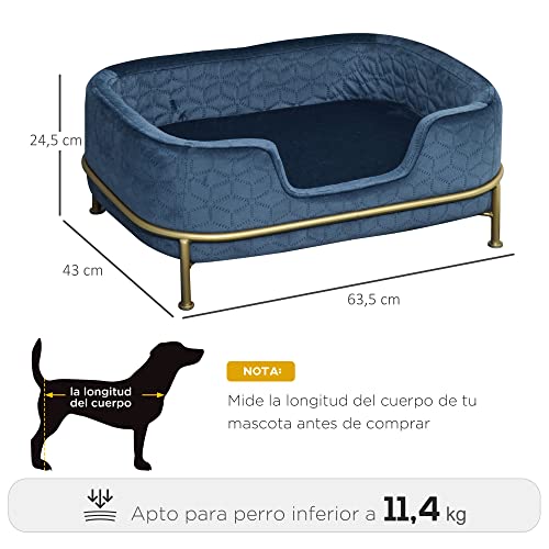 PawHut Sofá para Mascotas Tapizado en Terciopelo Cama para Perros y Gatos Pequeños con Cojín Suave Lavable Base de Metal y Bordes Elevados 63,5x43x24,5 cm Azul