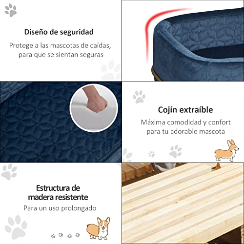 PawHut Sofá para Mascotas Tapizado en Terciopelo Cama para Perros y Gatos Pequeños con Cojín Suave Lavable Base de Metal y Bordes Elevados 63,5x43x24,5 cm Azul