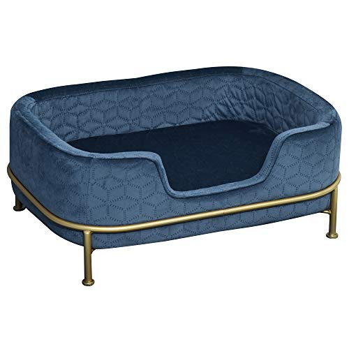 PawHut Sofá para Mascotas Tapizado en Terciopelo Cama para Perros y Gatos Pequeños con Cojín Suave Lavable Base de Metal y Bordes Elevados 63,5x43x24,5 cm Azul