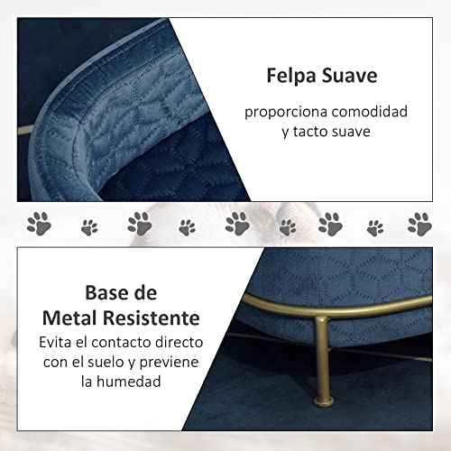 PawHut Sofá para Mascotas Tapizado en Terciopelo Cama para Perros y Gatos Pequeños con Cojín Suave Lavable Base de Metal y Bordes Elevados 63,5x43x24,5 cm Azul