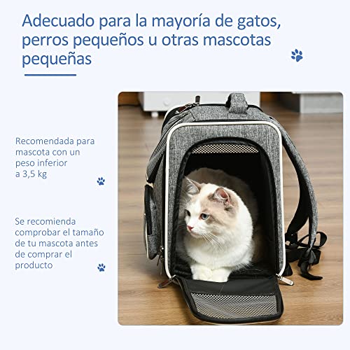 PawHut Transportín Mochila para Gatos Perros Pequeños Bolsa de Transporte para Mascotas Plegable Transpirable con Cojín Extraíble y Correa de Seguridad para Viaje 31x26x34 cm Gris