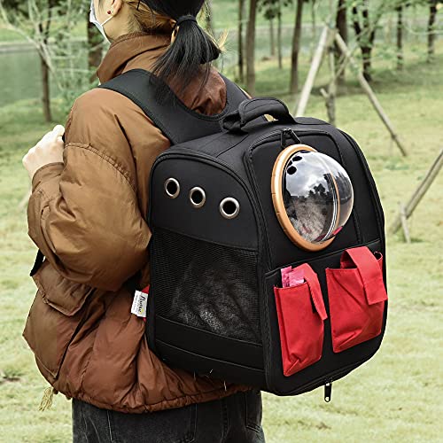 PawHut Transportín Mochila para Gatos Perros Pequeños Plegable con Ojo de Buey Cojín Bolsillos Correa de Seguridad y Ventilaciones Tela Oxford 38x24x38 cm Negro y Rojo