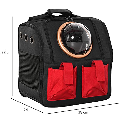 PawHut Transportín Mochila para Gatos Perros Pequeños Plegable con Ojo de Buey Cojín Bolsillos Correa de Seguridad y Ventilaciones Tela Oxford 38x24x38 cm Negro y Rojo