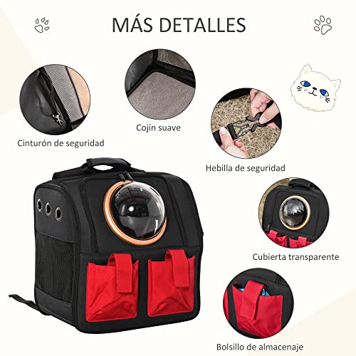 PawHut Transportín Mochila para Gatos Perros Pequeños Plegable con Ojo de Buey Cojín Bolsillos Correa de Seguridad y Ventilaciones Tela Oxford 38x24x38 cm Negro y Rojo