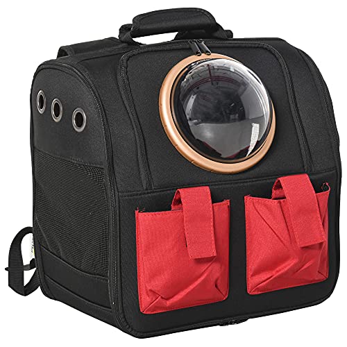 PawHut Transportín Mochila para Gatos Perros Pequeños Plegable con Ojo de Buey Cojín Bolsillos Correa de Seguridad y Ventilaciones Tela Oxford 38x24x38 cm Negro y Rojo