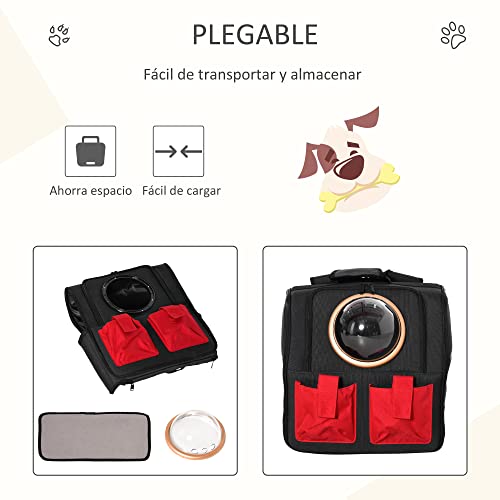 PawHut Transportín Mochila para Gatos Perros Pequeños Plegable con Ojo de Buey Cojín Bolsillos Correa de Seguridad y Ventilaciones Tela Oxford 38x24x38 cm Negro y Rojo