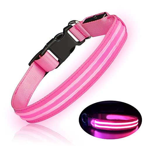 PcEoTllar Collar Luminoso para Perros Recargable LED Collar para Perros 3 Modos de Iluminación Impermeable Ajustable Súper Brillante para Perros Pequeños Medianos Grandes Caminata Nocturna - Rosa L