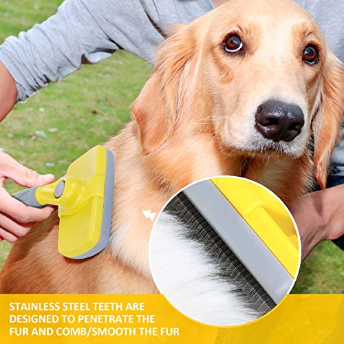 Pecute Cepillo Perros y Gatos Peine para Mascotas Quitar y Remover el Pelo Muerto Carda con Púas Flexible de Acero Inoxidable para Desenredar y Peinar, Reduce 95% de Pelo Suelto Cómodo (Amarillo, L)