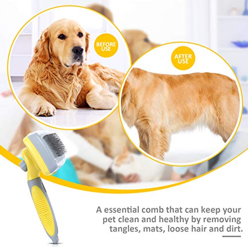 Pecute Cepillo Perros y Gatos Peine para Mascotas Quitar y Remover el Pelo Muerto Carda con Púas Flexible de Acero Inoxidable para Desenredar y Peinar, Reduce 95% de Pelo Suelto Cómodo (Amarillo, L)