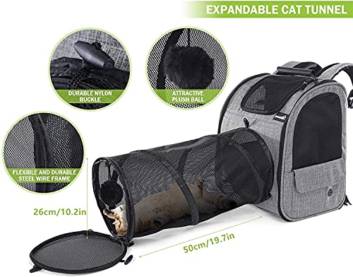 Pecute Transportin Gato Mochilas para Gatos y Perro Bolsa para Mascotas Expandible y Plegable, Carga Máxima 15 kg, para Viajar en Tren/automóvil/Restaurante/avión, Gris (Gris, con Túnel)