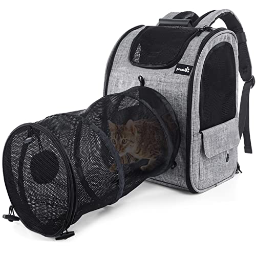 Pecute Transportin Gato Mochilas para Gatos y Perro Bolsa para Mascotas Expandible y Plegable, Carga Máxima 15 kg, para Viajar en Tren/automóvil/Restaurante/avión, Gris (Gris, con Túnel)