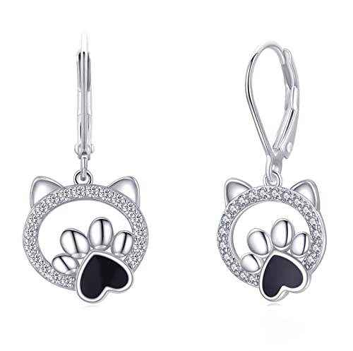 Pendientes de gato con pata de perro perrito S925 de plata de ley para gatos y perros, regalos para mujeres y niñas, aretes hipoalergénicos para orejas sensibles