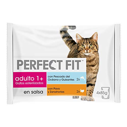 PERFECT FIT Comida Húmeda Natural para Gatos Adultos Sabor Pescado y Pavo (13 paquetes x 4 sobres x 85g)