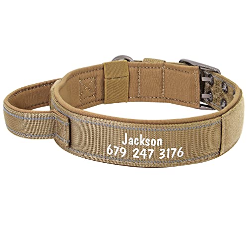 PET ARTIST Collar para perro militar ajustable con nombre y número de teléfono personalizados para mascotas,Collar con hebilla de metal resistente para perros medianos grandes,marrón, L