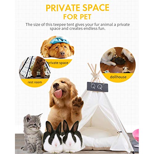 Pet Teepee Dog (Puppy) & Cat (Kitten) Bed - Tienda De Campaña Plegable Portátil Para Mascotas Para Perros Pequeños, Gatos, Conejos De Tamaño Mediano - Lona Blanca Y Madera, Con Pizarra (con Cojín)