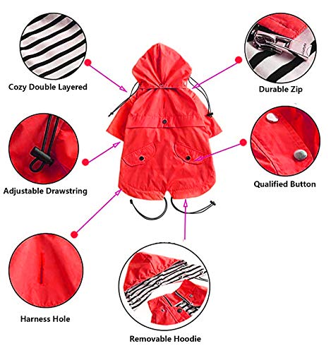 Pethiy- Elegante Chubasquero para Perro,Impermeable Abrigo con Botones Reflectantes y Bolsillos, Resistente a la Lluvia/al Agua,con Capucha extraíble, para pequeños y medianos Perros-Rojo-L