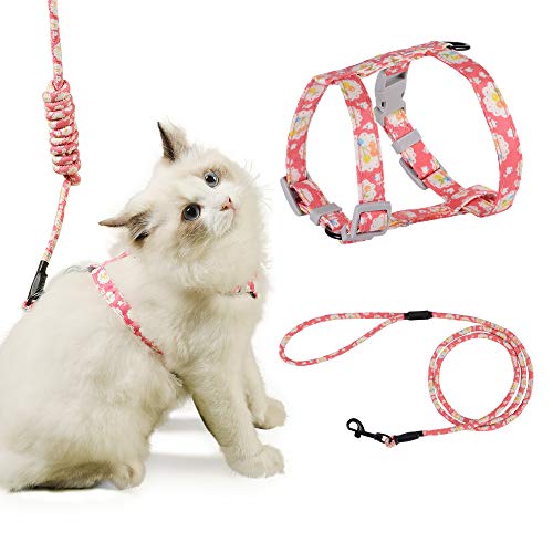 PETTOM Arnes Gato Ajustable Antiescape con Correa Cuerda Redonda Cómodo Seguridad Arnés de Gato para Pequeño Medio Grande Gato Adulto Cachorros Cat Harness para Caminar Viajes Rosado M