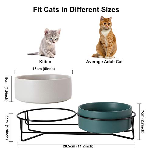 PETTOM Cuenco Cerámico del Gato,Tazón para Mascotas Antideslizantes Plato Doble Comedero Gatos Perros con Soporte Elevado para Alimentos y Agua (Verde+Gris)