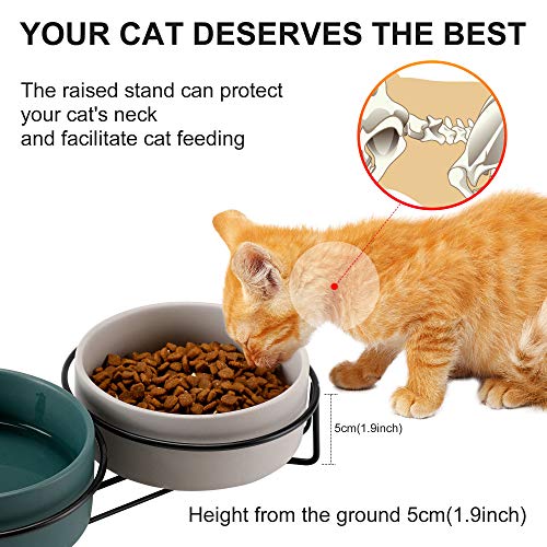 PETTOM Cuenco Cerámico del Gato,Tazón para Mascotas Antideslizantes Plato Doble Comedero Gatos Perros con Soporte Elevado para Alimentos y Agua (Verde+Gris)