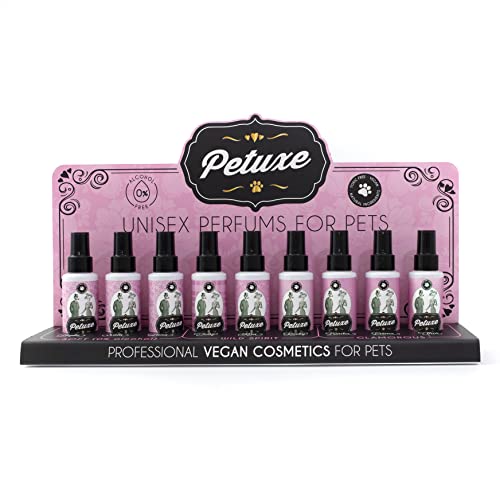 Petuxe Perfume vegano para perros de origen natural. Colonia en spray para mascotas. Corrector de olor para mascotas. Cachorros y adultos. Efecto duradero (Expositor (9 uds, 1 de cada))