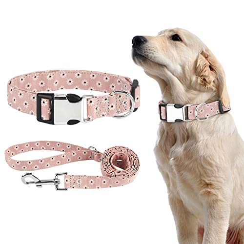 Piang Gouer Juego de collar y correa, diseño floral, collar para mascotas con hebilla de metal, tamaño ajustable, collar para gatos para perros pequeños y medianos (rosa-M)