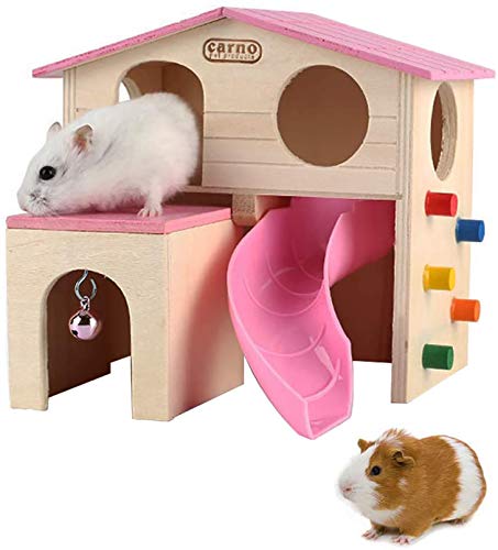 PINVNBY Casa de hámster de madera pequeña escondite animal escalada escalera tobogán cabaña jugar juguetes para ardilla ratón rata erizo (rosa)